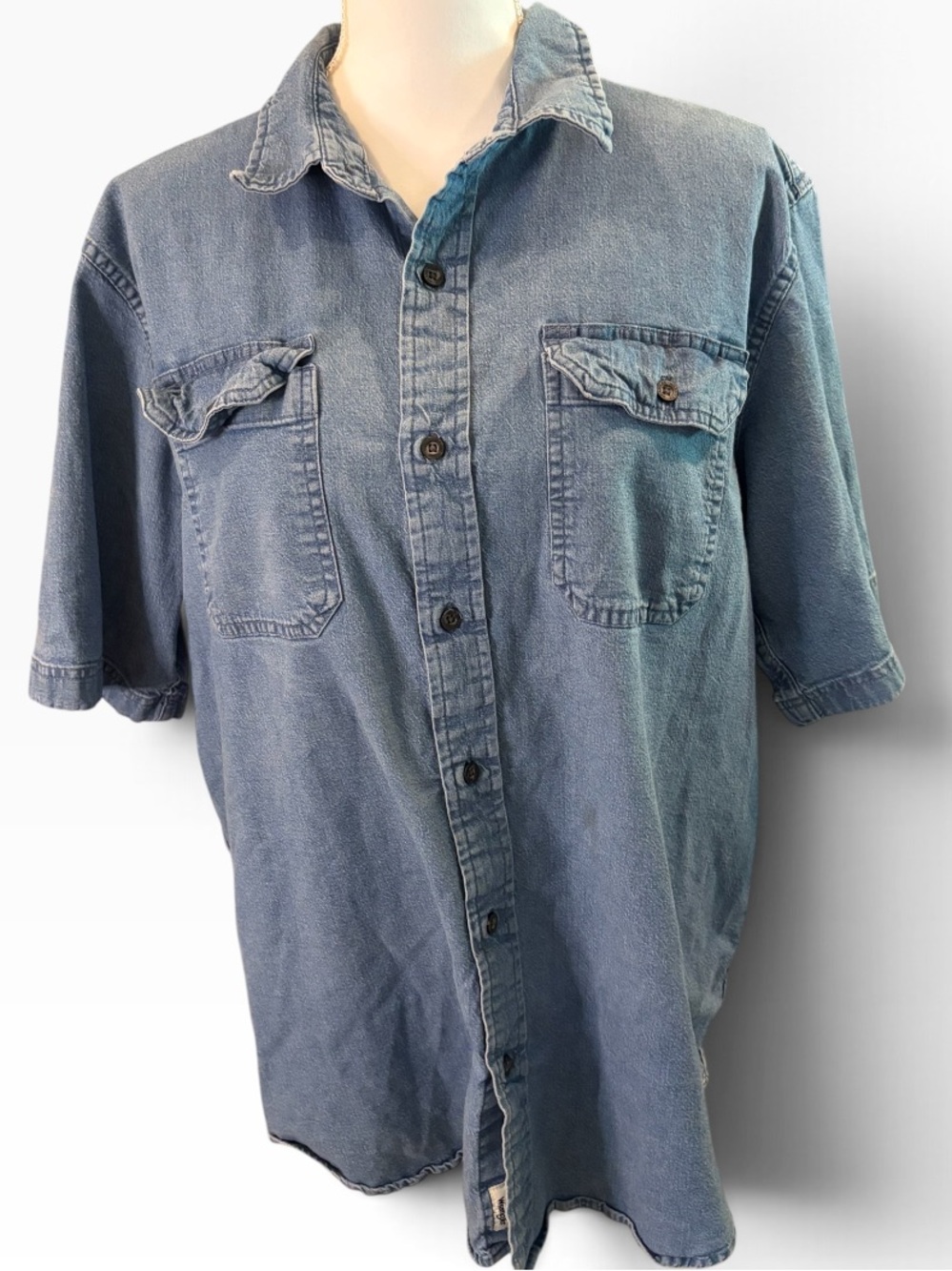 Wrangler Flex for Comfort Mens Large Denim Short Sleeve Button Front Shirt Blue